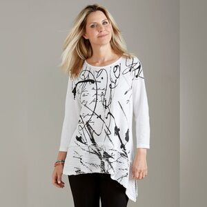 Jess & Jane Asymmetrical Abstract Textured Top Black/White Quirky Long Sleeves L